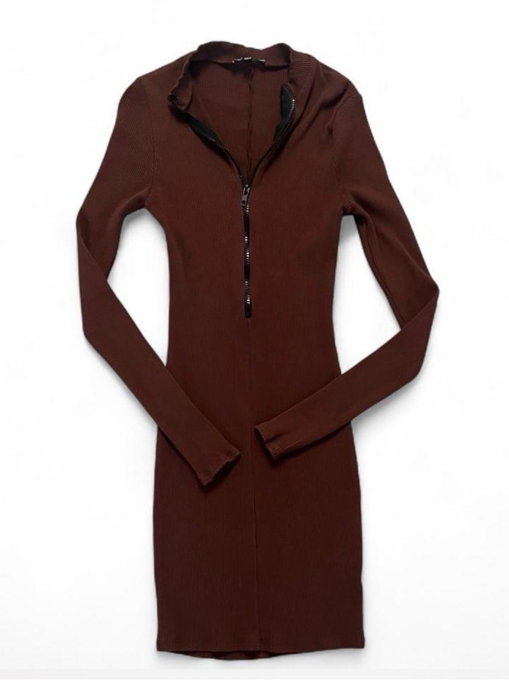 Fashion Nova Chocolate Brown Zip-Front Long Sleeve Dress